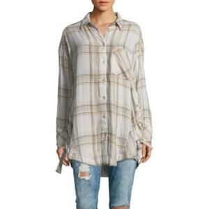 Free People Plaid Oversized Button Down Top XS Boho Western Tunic Shirt